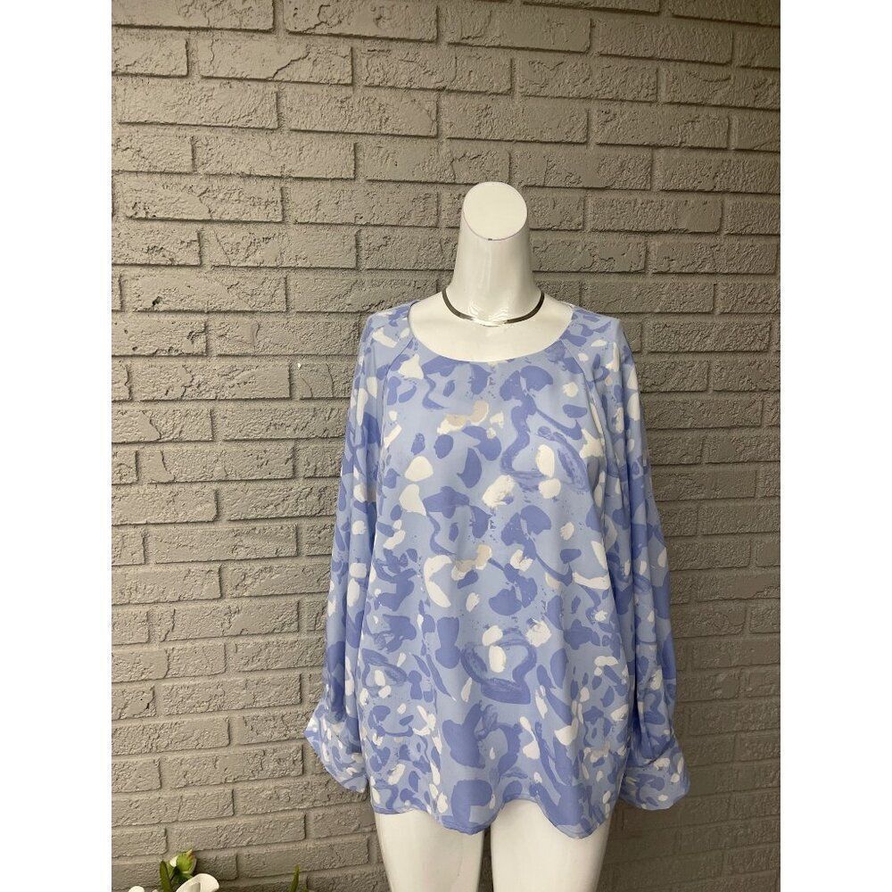 Nine West Women Lilac White Print Balloon Sleeve Blouse Size XL